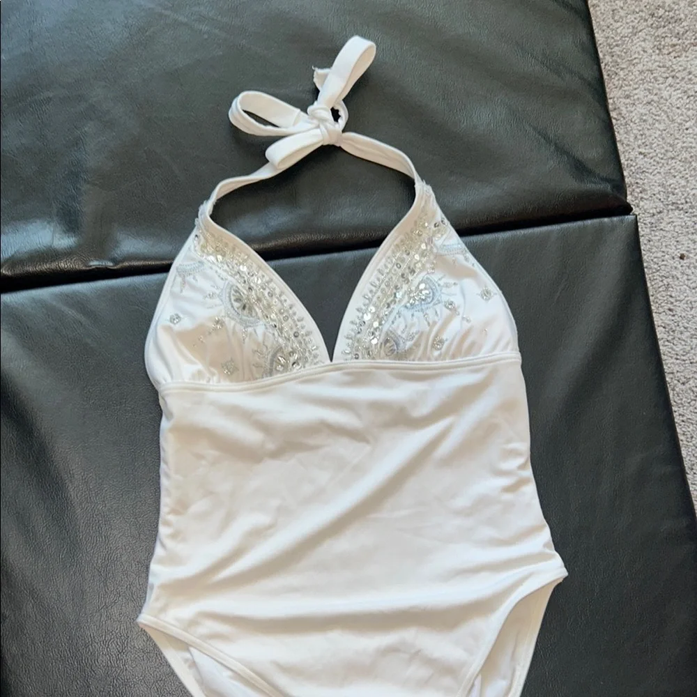 Beautiful White Halter One-Piece Swimsuit with Embellishments- Size 8 WORN ONCE - Picture 3 of 6